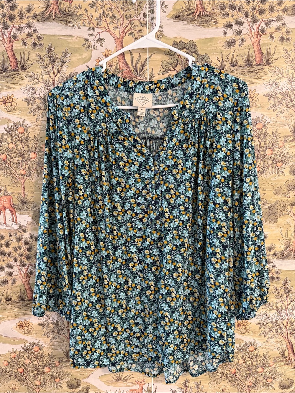 St. John's Bay Blue and Yellow Floral Button-Front Peasant Top